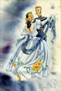 Guy Howard Saunders (FL,IA,1901-1978) watercolor painting: ARTIST: Guy Howard Saunders (Florida, Iowa, 1901 - 1978) TITLE: Costume Suggestion for Risen from the South by Johann Strauss MEDIUM: watercolor on paper CONDITION: Some a