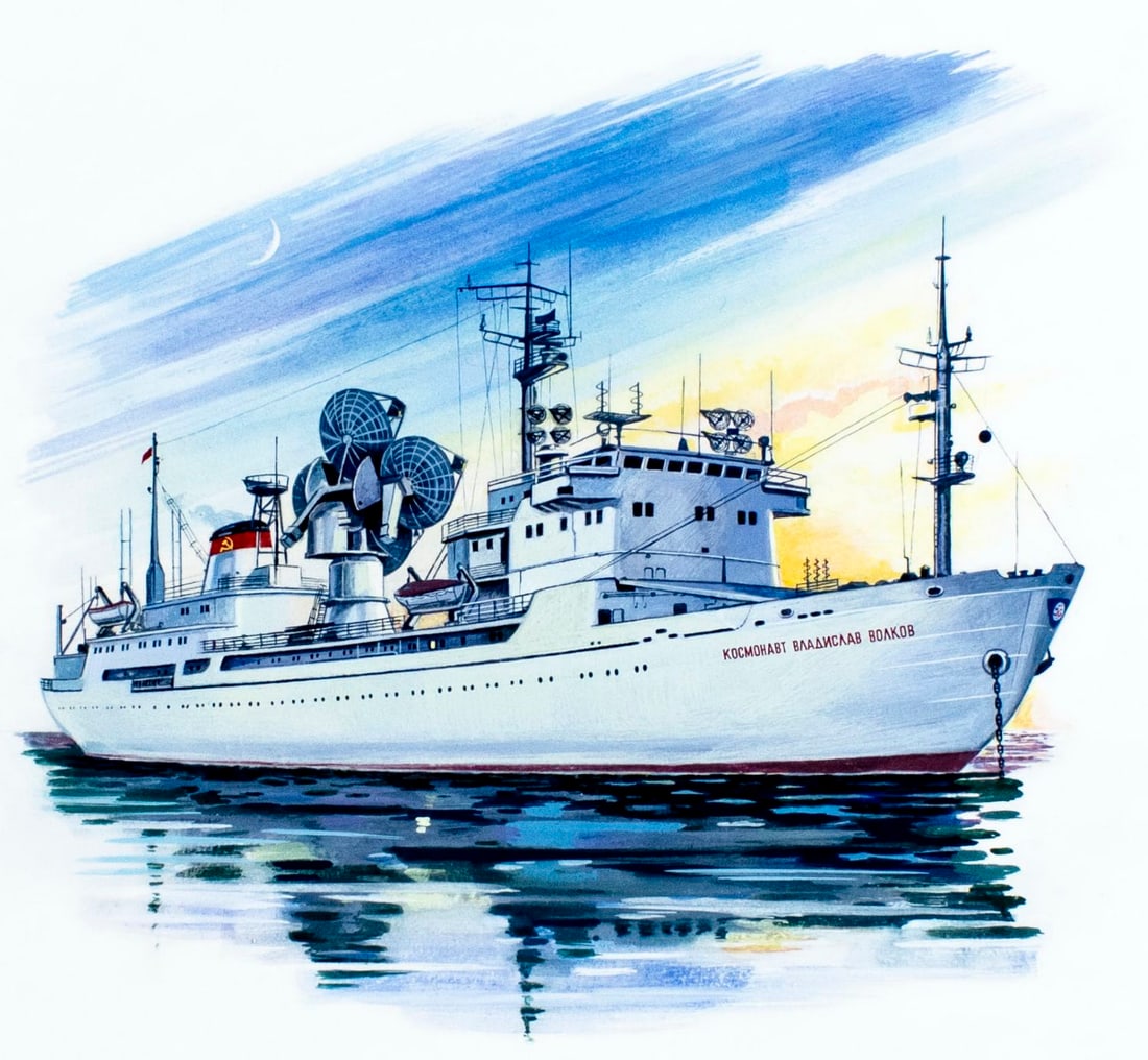 Anatoly Aksamit (Russia,1923-?) gouache painting: ARTIST: Anatoly Martynovich Aksamit (Russian, 1923 - ???) TITLE: Ship - Cosmonaut Vladimir Volkov YEAR: 1979 MEDIUM: gouache on paper. Paper applied to board. C