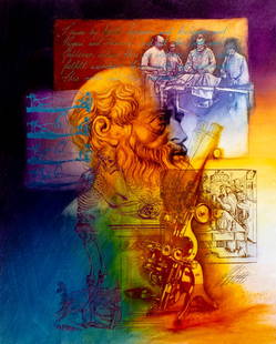 Ed Little (CT,b 1957) oil painting: ARTIST: Ed Little (Connecticut, born 1957) TITLE: Hungarian Scientists (titled on verso) YEAR: 1990 MEDIUM: oil on canvas. Canvas applied to board. CONDITION:
