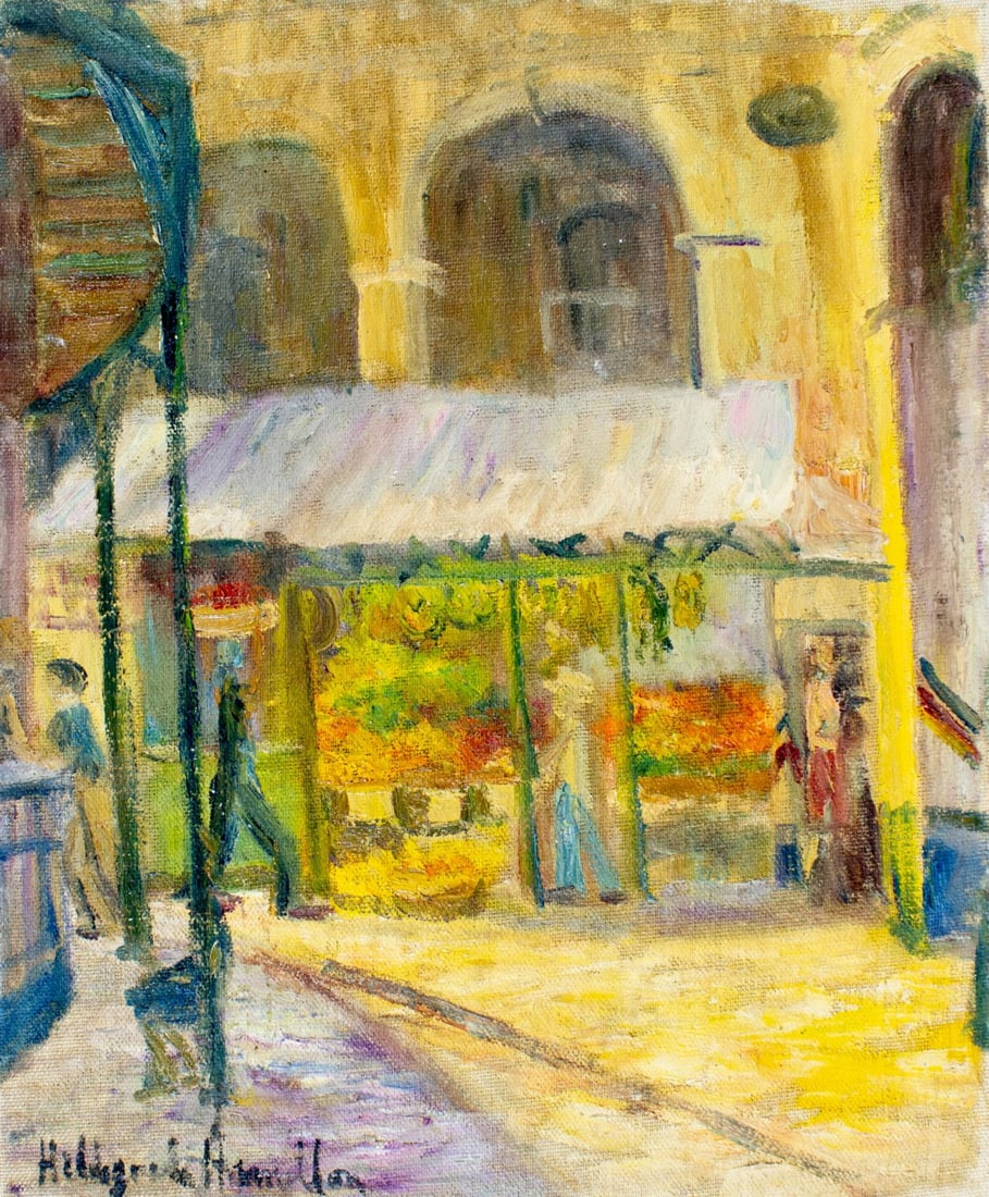 Hildegarde Hamilton (FL,VA,1898-1970) oil painting: ARTIST: Hildegarde Hume Hamilton (Florida, Virginia, 1898 - 1970) TITLE: Market Scene MEDIUM: oil on canvas CONDITION: Few minor paint losses. No visible inpaint under UV