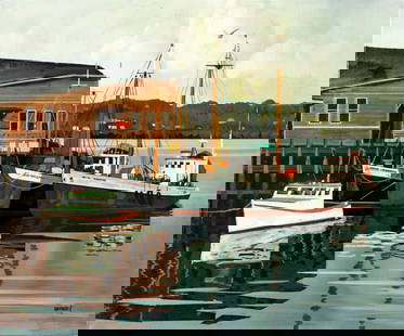 S Maxwell (US,20C) oil painting: ARTIST: S Maxwell (American, 20 century) TITLE: Harbor Scene MEDIUM: oil on canvas CONDITION: Unstretched (In-House stretching available). Few minor paint losses. Few scatte