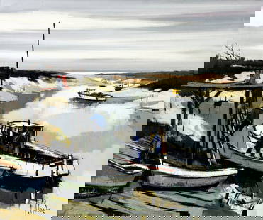 F Claude (France,20C) oil painting: ARTIST: F Claude (French, 20 century) TITLE: River Landscape with Boats MEDIUM: oil on canvas CONDITION: Unstretched (In-House stretching available). Few small paint losses.
