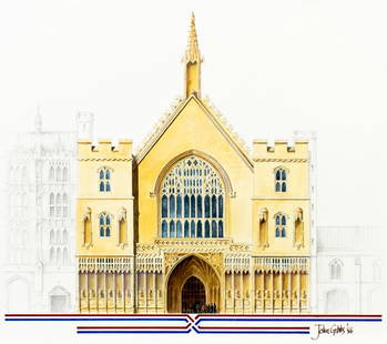 John Gibbs (UK,20C) watercolor painting: ARTIST: John Gibbs (United Kingdom, 20 century) TITLE: Commonwealth Parliamentary, London, UK (titled on verso) YEAR: 1986 MEDIUM: watercolor on board CONDITION:<