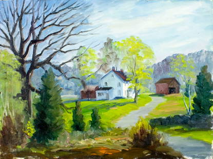George Holloway (NJ,20C) oil painting: ARTIST: George Holloway (New Jersey, 20 century) TITLE: Landscape with Cottages MEDIUM: oil on canvas board CONDITION: Some damage to lower left corner. Few minor paint loss