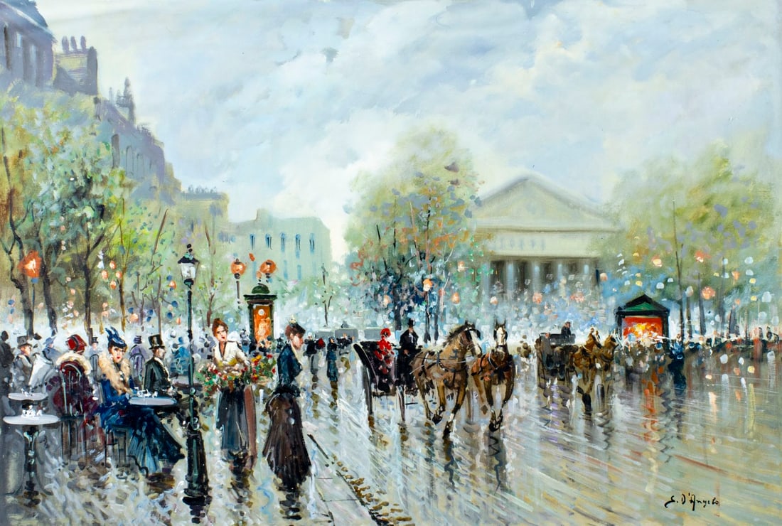 S D'Angelo (Europe,20C) oil painting: ARTIST: S D'Angelo (European, 20 century) TITLE: Paris Cityscape MEDIUM: oil on canvas CONDITION: Unstretched (In-House stretching available). Few small crease lines by the