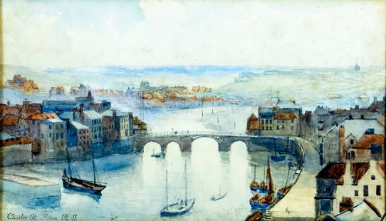 Charles Reginald Aston (UK,1832-1908) watercolor painting antique: ARTIST: Charles Reginald Aston (United Kingdom, 1832 - 1908) TITLE: Cityscape with Bridge MEDIUM: watercolor on paper CONDITION: Some age toning. Framed under glass. Minor
