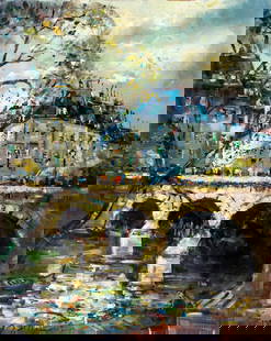 Vintage 20C French oil painting signed: ARTIST: - (France, 20 century) TITLE: Bridge Cityscape, Paris MEDIUM: oil on canvas CONDITION: Unstretched (In-House stretching available). Some paint losses. Minor craque