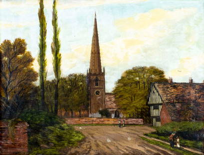 ATTR John E Goodall (UK,1853-1929) oil painting antique: ARTIST: ATTRIBUTED TO John Edward Goodall (British, 1853 - 1929) TITLE: Town Scene MEDIUM: oil on canvas CONDITION: Few small paint losses. Minor craquelure. No visible in