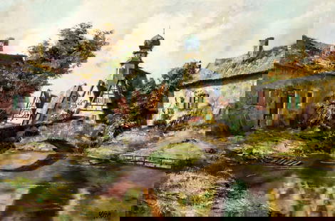 I Hock (German,20C) oil painting: ARTIST: I Hock (Germany, 20 century) TITLE: River Town Scene MEDIUM: oil on canvas CONDITION: Unstretched (In-House stretching available). Few small scratches/paint losses.