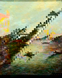 T L Novaretti (Italy,20C) oil painting: ARTIST: T L Novaretti (Italian, 20 century) TITLE: Venice Cityscape with Gondolas, Italy MEDIUM: oil on canvas CONDITION: Few very minor paint losses along the lower edge. N