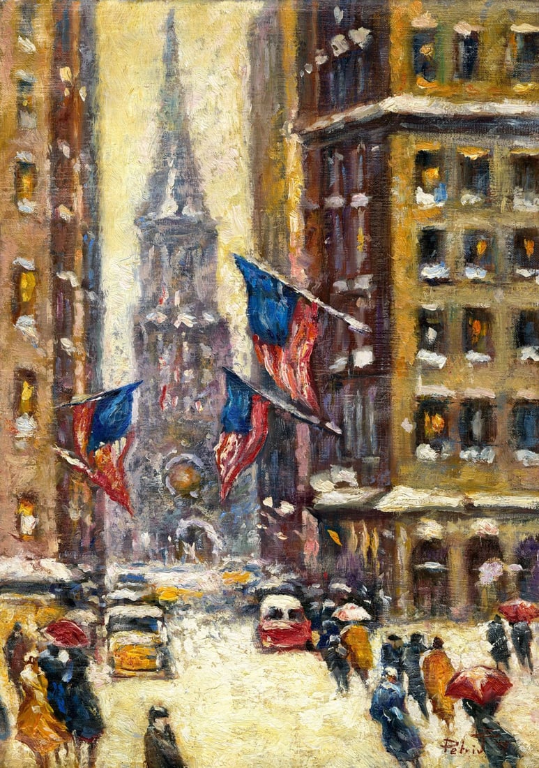 Zoriana Petriv (Ukraine,b 1994) oil painting: ARTIST: Zoriana Petriv (Ukrainian, born 1994) TITLE: New York Cityscape - Old Trinity, Winter (titled on verso) YEAR: 2015 MEDIUM: oil on canvas CONDITION: