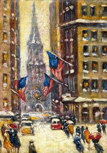 Zoriana Petriv (Ukraine,b 1994) oil painting: ARTIST: Zoriana Petriv (Ukrainian, born 1994) TITLE: New York Cityscape - Old Trinity, Winter (titled on verso) YEAR: 2015 MEDIUM: oil on canvas CONDITION: