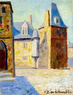 Hildegarde Hamilton (FL,VA,1898-1970) oil painting: ARTIST: Hildegarde Hume Hamilton (Florida, Virginia, 1898 - 1970) TITLE: Le Mans Cityscape, France (titled on verso) MEDIUM: oil on canvas CONDITION: Some small paint los
