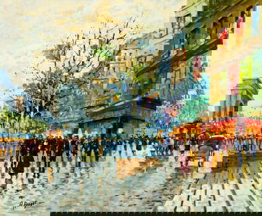 A Bouget (France,20C) oil painting: ARTIST: A Bouget (French, 20 century) TITLE: Paris Cityscape, France MEDIUM: oil on canvas CONDITION: Unstretched (In-House stretching available). Very good. No visible inpa