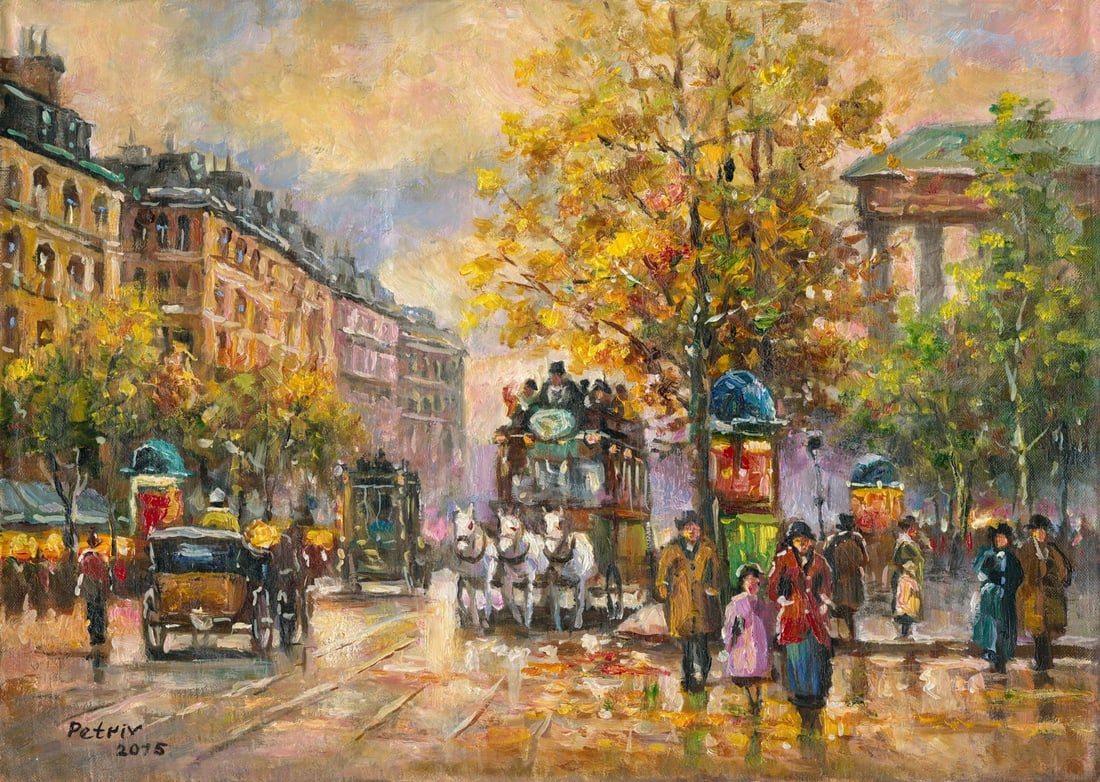 Zoriana Petriv (Ukraine,b 1994) oil painting: ARTIST: Zoriana Petriv (Ukrainian, born 1994) TITLE: Cityscape - Parisian Autumn, France (titled on verso) YEAR: 2015 MEDIUM: oil on canvas CONDITION: Un