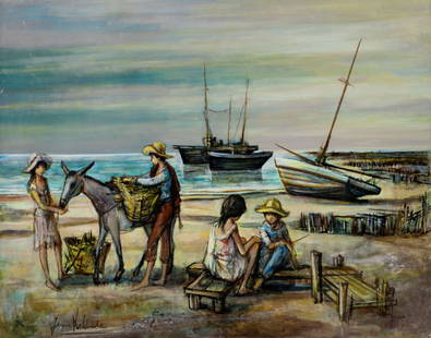 Jacques Lalande (French,1921-2003) oil painting: ARTIST: Jacques Lalande (France, 1921 - 2003) TITLE: Coastal Scene MEDIUM: oil on canvas CONDITION: Unstretched (In-House stretching available). Minor scratches/paint loss