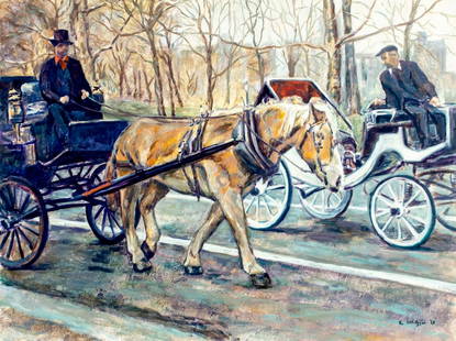 Evelyn Metzger (NY,Brazil,1911-2007) oil painting: ARTIST: Evelyn Borchard Metzger (New York, Brazilian, 1911 - 2007) TITLE: Central Park Landscape with Horse Carriages, NY MEDIUM: oil on board CONDITION: Some damages to c
