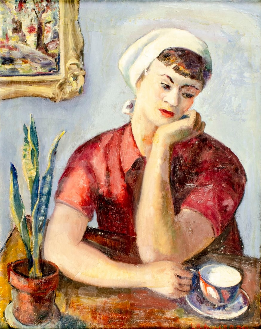 Lila Willinsky Lisson (NY,1896-1970) oil painting: ARTIST: Lila Willinsky Lisson (New York, 1896 - 1970) TITLE: Woman with Cup MEDIUM: oil on canvas CONDITION: Some flaking/paint losses (see pictures carefully). Some craq