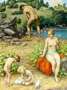 Bryson Burroughs (NY,MA,1869-1934) oil painting antique: ARTIST: Bryson Burroughs (New York, Massachusetts, 1869 - 1934) TITLE: Adam And Eve Banished From The Garden MEDIUM: oil on canvas CONDITION: Some small scratches/paint lo