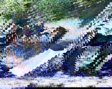 Sally Jordan (CA,MA,20C) oil painting: ARTIST: Sally Jordan (California, Massachusetts, 20 century) TITLE: 5th Cavalry Rides Again in Arizona (titled on stretcher) YEAR: 1985 MEDIUM: oil on canvas COND