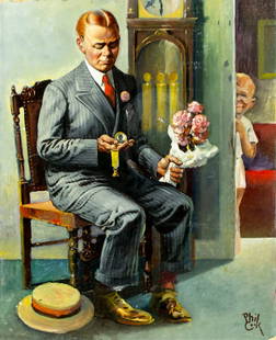 Phil Cook (US,early 20C) oil painting: ARTIST: Phil Cook (American, early 20 century) TITLE: Gentleman Waiting MEDIUM: oil on board CONDITION: Some damages to edges. One reapaired hole. Some scratches/paint losse
