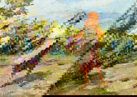 Bela Sziklay (Hungary,Italy,1911-1981) oil painting: ARTIST: Bela Sziklay (Hungarian, Italian, 1911 - 1981) TITLE: Women Picking Grapes MEDIUM: oil on canvas. Canvas applied to board. CONDITION: Few minor paint losses. Some