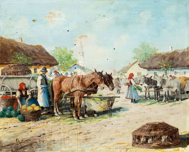 Gyula Gyertyanyi Nemeth (Hungary,1892-1946) oil painting: ARTIST: Gyula Gyertyanyi Nemeth (Hungarian, 1892 - 1946) TITLE: Market Scene MEDIUM: oil on canvas CONDITION: One small patch. Some paint losses. Some dark spots mostly in