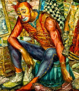 George Russin (FL,1910-2010) oil painting: ARTIST: George Russin (Florida, 1910 - 2010) TITLE: Clown - New Shoes (titled on verso) MEDIUM: oil on board CONDITION: Few very minor paint losses. No visible inpaint und