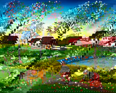 Edith Simon (German,1917-2003) oil painting: ARTIST: Edith Simon (Germany, 1917 - 2003) TITLE: Country Scene MEDIUM: oil on canvas CONDITION: Unstretched (In-House stretching available). Very minor craquelure. No vis