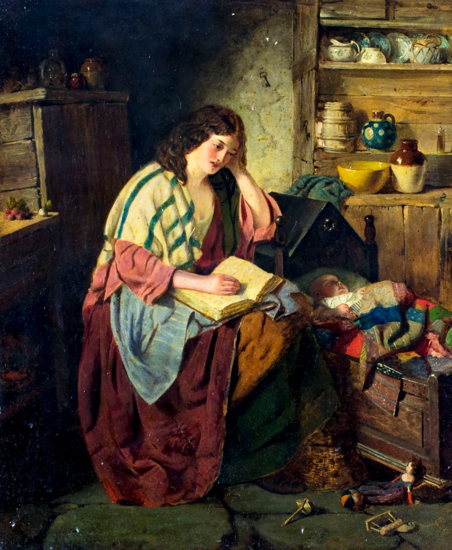 Antique 19C European oil painting: ARTIST: - (Europe, 19 century) NAME: Mother and Child MEDIUM: oil on canvas CONDITION: Some tears repaired with few patches. Few minor paint losses. SIGHT SIZE: 24 x 20 inches / 60 x 50