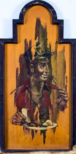 Phil Brinkman (MO,WA,IL,FL,1916-2000) oil painting: ARTIST: Phil Brinkman (Missouri, Washington, Illinois, Florida, 1916 - 2000) TITLE: Gentleman Dining YEAR: 1966 MEDIUM: oil on canvas. Canvas applied to board. Some damages