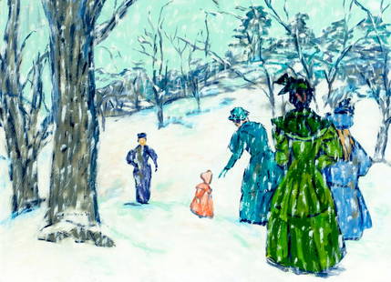 Evelyn Metzger (NY,Brazil,1911-2007) oil painting: ARTIST: Evelyn Borchard Metzger (New York, Brazilian, 1911 - 2007) TITLE: Winter Landscape with Walking Ladies YEAR: 1982 MEDIUM: oil on board CONDITION: