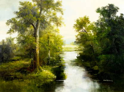 Ron Williams (TN,1947-2016) oil painting: ARTIST: Ron Williams (Tennessee, 1947 - 2016) TITLE: Forest Stream Landscape MEDIUM: oil on canvas CONDITION: Overall good. No visible inpaint under UV light. Normal wear