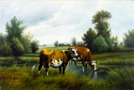 Henry Share (NY,CA,1853-1905) oil painting antique: ARTIST: Henry Pruett Share (New York, California, 1853 - 1905) TITLE: Landscape with Watering Cows MEDIUM: oil on canvas CONDITION: Relined. Minor paint losses. Some craqu