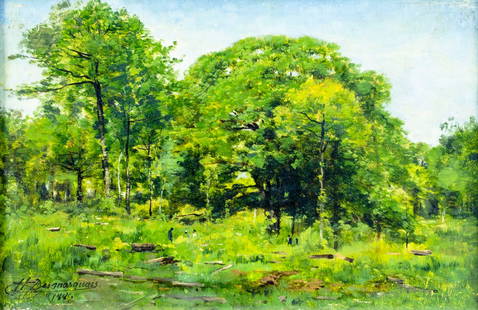 Charles Desmarquais (France,1823-1910) oil painting antique: ARTIST: Charles Hippolyte Desmarquais (French, 1823 - 1910) TITLE: Forest Landscape YEAR: 1885 MEDIUM: oil on board CONDITION: Few minor paint losses.