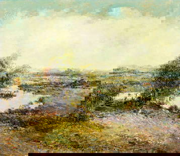 Ludwig Gschossmann (German,1894-1988) oil painting: ARTIST: Ludwig Geschosmann (Germany, 1894 - 1988) TITLE: Landscape - The Valley of the Enns, Austria MEDIUM: oil on canvas CONDITION: Some flaking/paint losses (see pictur