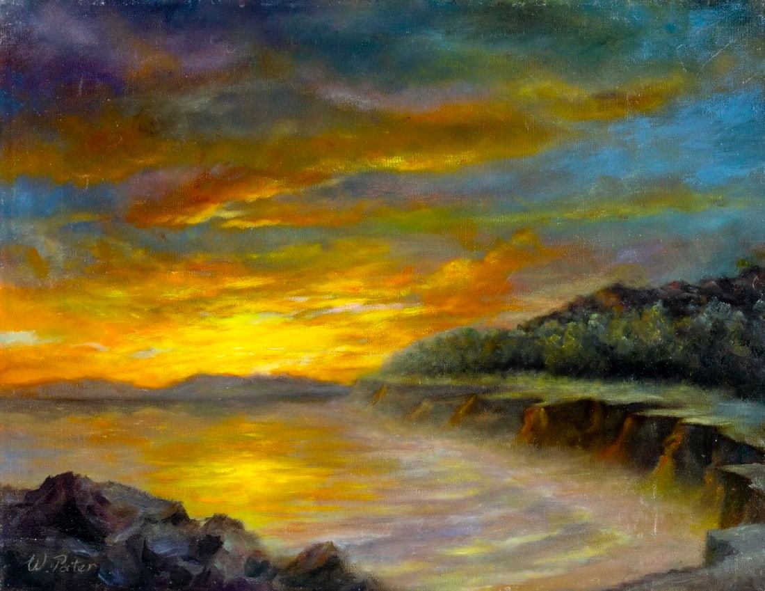 W Pater (US,20C) oil painting: ARTIST: W Pater (American, 20 century) TITLE: Sunset Coastal Landscape MEDIUM: oil on canvas CONDITION: Some faint scratches mostly along edges. No visible inpaint under UV