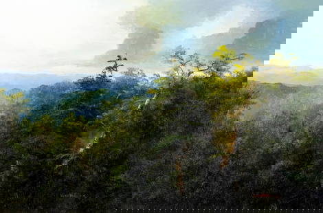 Ron Williams (TN,1947-2016) oil painting: ARTIST: Ron Williams (Tennessee, 1947 - 2016) TITLE: Forest Landscape MEDIUM: oil on canvas CONDITION: Few small paint losses along edges. No visible inpaint under UV ligh