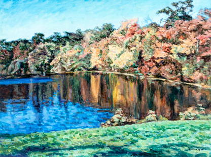Evelyn Metzger (NY,Brazil,1911-2007) oil painting: ARTIST: Evelyn Borchard Metzger (New York, Brazilian, 1911 - 2007) TITLE: Autumn Lake Landscape MEDIUM: oil on board CONDITION: Some damages to the lower right corners. So