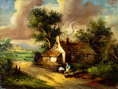 L Lobray (Europe,20C) oil painting: ARTIST: L Lobray (European, 20 century) TITLE: Country Landscape MEDIUM: oil on canvas CONDITION: Unstretched (In-House stretching available). Minor paint losses. Some craqu