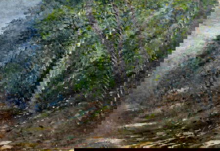John Mansfield (MA,CT,1849-1933) oil painting antique: ARTIST: John Worthington Mansfield (Massachusetts, Connecticut, 1849 - 1933) TITLE: Forest Path Landscape MEDIUM: oil on board CONDITION: Some damages to corners. One nail