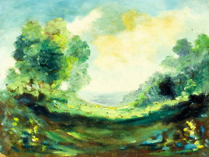 Antique early 20C American oil painting: ARTIST: - (American, early 20 century) TITLE: Landscape MEDIUM: oil on board CONDITION: Some small damages to the lower left corners. No visible inpaint under UV light. No