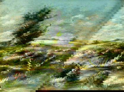 Charles Doughty (CT,CA,1878-?) oil painting antique: ARTIST: Charles M Doughty (Connecticut, California, 1878 - ???) TITLE: Pond Landscape YEAR: 1899 MEDIUM: oil on canvas CONDITION: Few minor paint losse