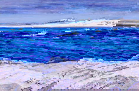 Evelyn Metzger (NY,Brazil,1911-2007) oil painting: ARTIST: Evelyn Borchard Metzger (New York, Brazilian, 1911 - 2007) TITLE: Arctic Seascape MEDIUM: oil on board CONDITION: Minor scratches/paint losses mostly along edges. Sm