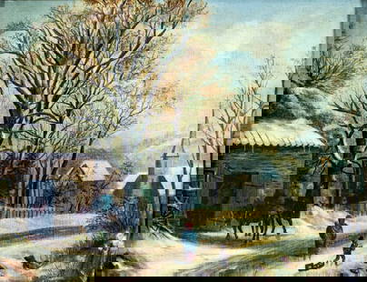 Antique 19C German oil painting: ARTIST: - (Germany, 19 century) TITLE: Winter Village Scene MEDIUM: oil on canvas CONDITION: Some small paint losses mostly along the lower edge. Minor craquelure. No visi