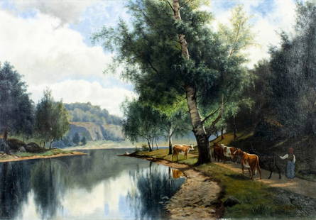 Edvard August Bergh (Sweden,1853-1915) oil painting antique: ARTIST: Edvard August Bergh (Swedish, 1853 - 1915) TITLE: River Landscape with Cows YEAR: 1895 MEDIUM: oil on canvas CONDITION: Few small scratches/pai