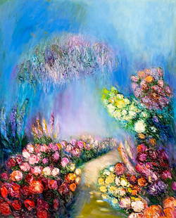 Yolanda Razzeto (Peru,1948-?) oil painting: ARTIST: Yolanda Razzeto (Peruvian, 1948 - ???) TITLE: Flower Garden Landscape MEDIUM: oil on canvas CONDITION: Unstretched (In-House stretching available). Overall good. N