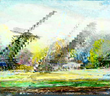 Edward Timmons (IL,CA,WI,1882-1960) oil painting: ARTIST: Edward J F Timmons (Illinois, California, Wisconsin, 1882 - 1960) TITLE: Windmill Landscape MEDIUM: oil on canvas CONDITION: Three patches. Some damages to the cor