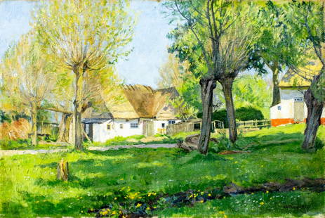 Einar William Bogh (Denmark,1877-1938) oil painting antique: ARTIST: Einar William Bogh (Danish, 1877 - 1938) TITLE: Village Landscape YEAR: 1915 MEDIUM: oil on canvas CONDITION: Few minor paint losses. Some craq
