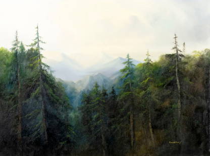 Ron Williams (TN,1947-2016) oil painting: ARTIST: Ron Williams (Tennessee, 1947 - 2016) TITLE: Mountain Landscape MEDIUM: oil on canvas CONDITION: Some paint losses mostly by the right edge. No visible inpaint und